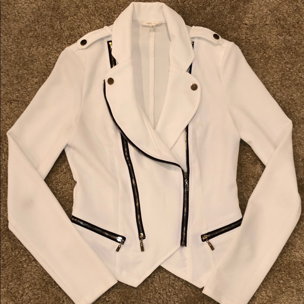 Voxx New York Ivory White Moto Blazer Jacket Black Gold Zippers Size M